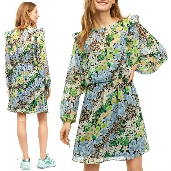 H&M Spring Summer Floral Flowy Chiffon Ruffle Trim Dolman Sleeves Dress M Green - Picture 3 of 14